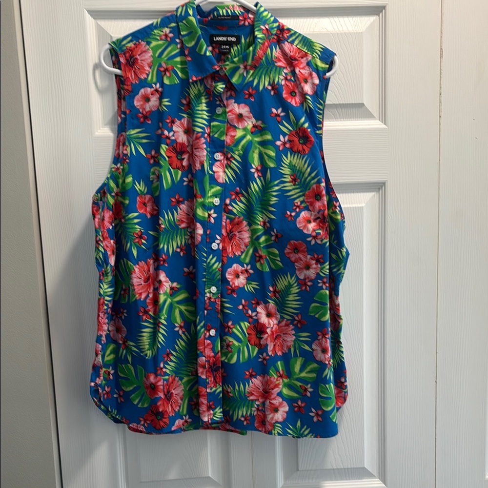 Lands' End Blue Floral Sleeveless Blouse